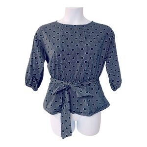 Ann Taylor Polka Dot Navy Striped Office Casual Peplum Top Blouse with Tie Waist